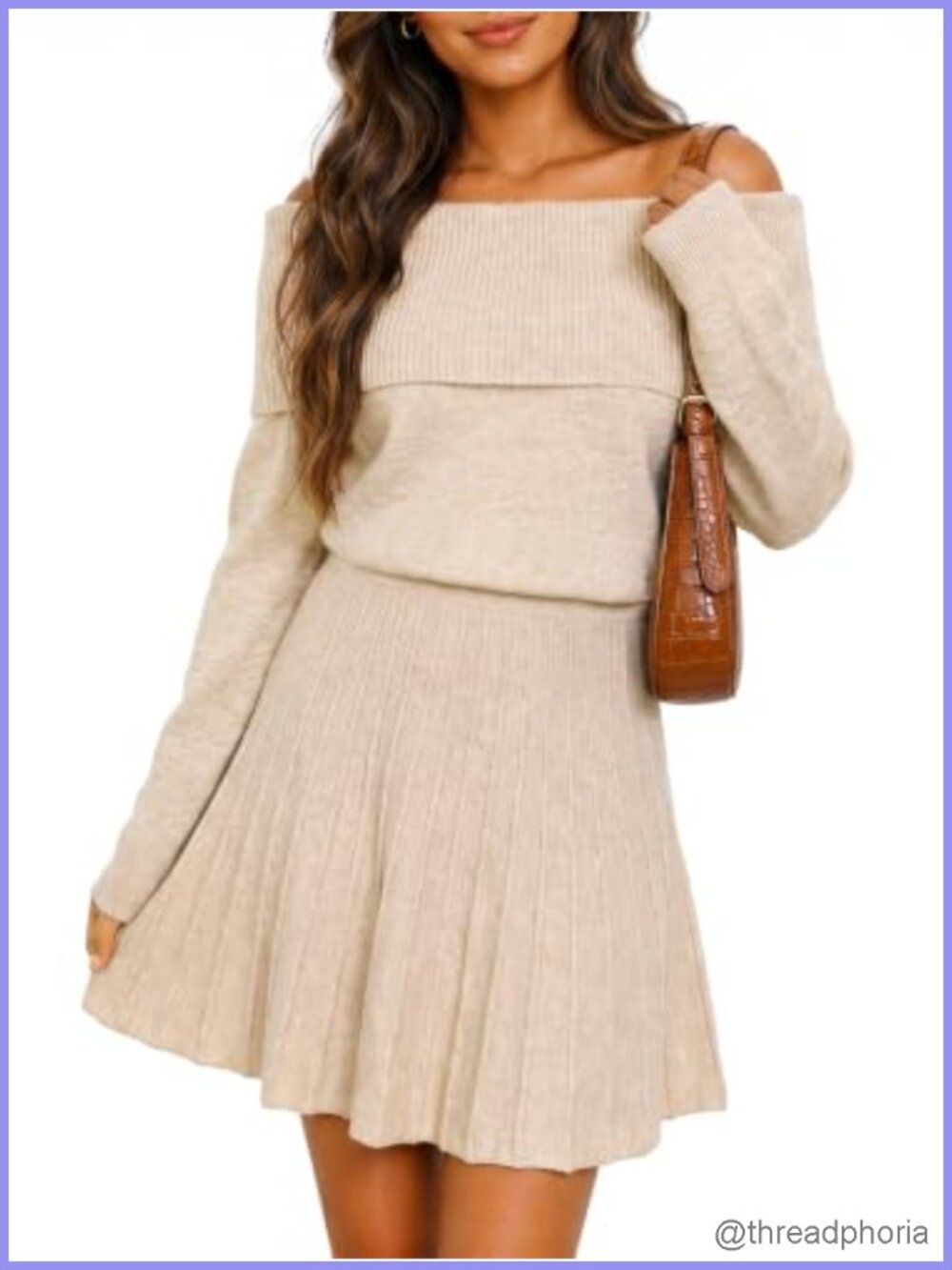 Off Shoulder Ribbed Knit Pleated Mini Sweater Dress Long Sleeve
